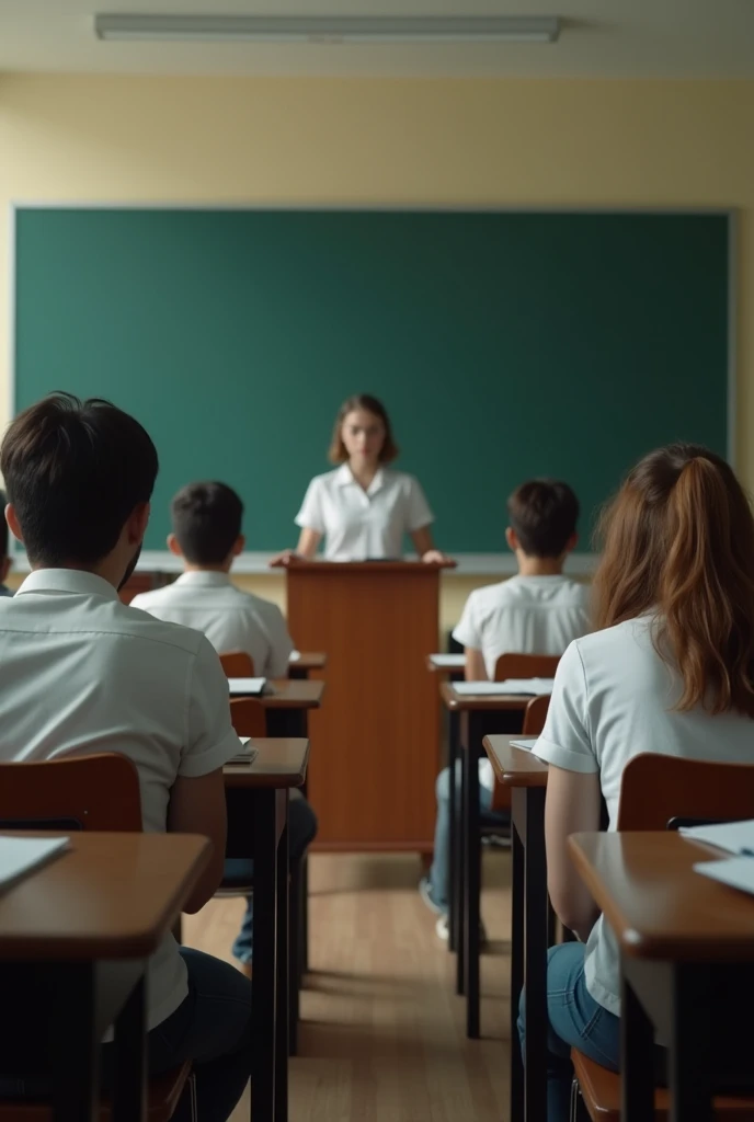 In the style of real movies,Exam in the classroom,Students sit at desks with their backs to the camera and answer questions seriously,Podium,blackboard