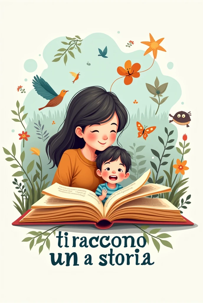 Creami un logo di un libro aperto da cui fuoriescono immagini di fiabe e fantasia e dietro al libro ci sono una mamma con la bambina, lo stile deve essere molto tipo cartone, e non deve fare paura perche è per bimbi, ci devono essere tanti colori e tante cose carine e poi come titolo ci deve essere scritto "Ti racconto una storia"