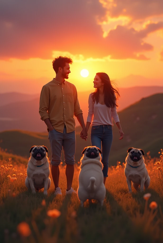 A girl with a boyfriend and they both had a 2 pugs seeing a sunset
