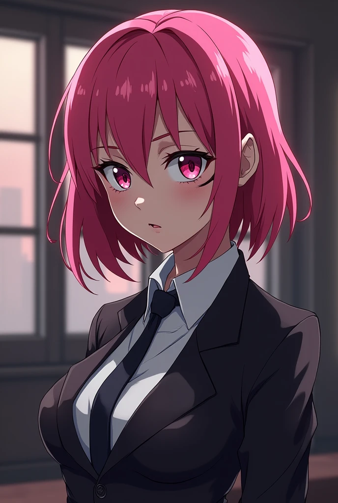 Create a female OC for me, short hair (not too short) and dominate looking with a scar over her left eye and she has pink hair and any second class Mafia boss clothing. Side view, front, behind, and four quarter please. Make it anime and don’t forget the scar over her left eye.