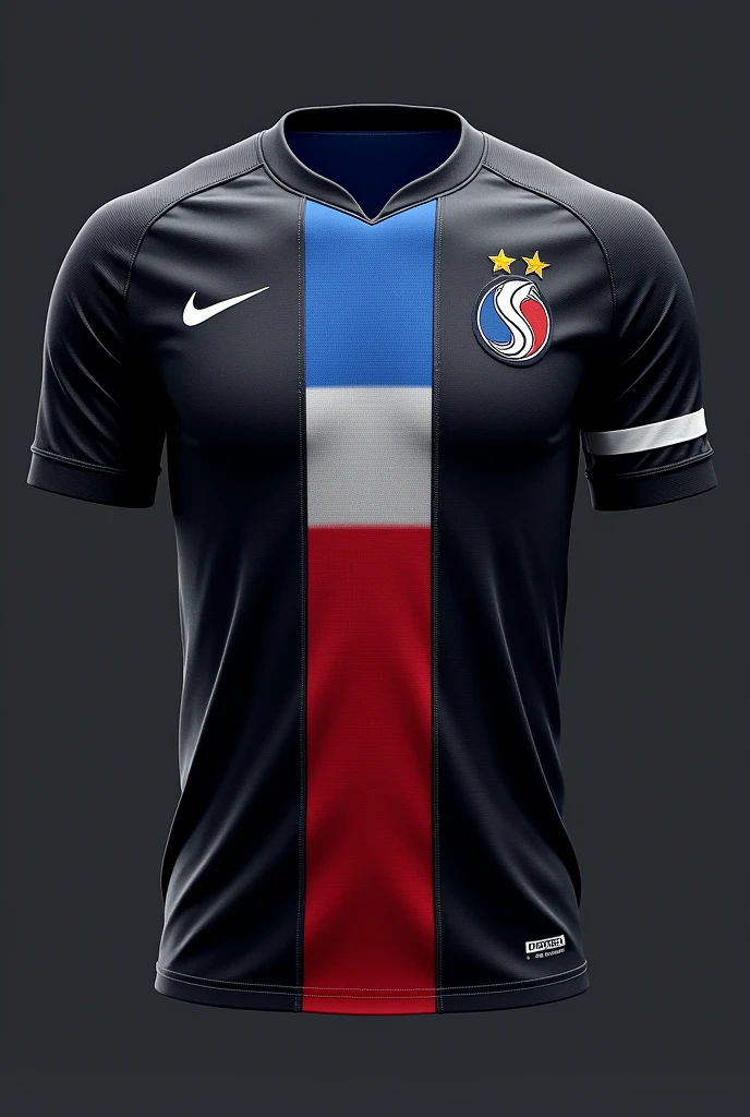 creative black france national team shirt with white details, blue and red in the middle of the shirt, Gola and Mangas. and with the country's symbolic animal as an emblem