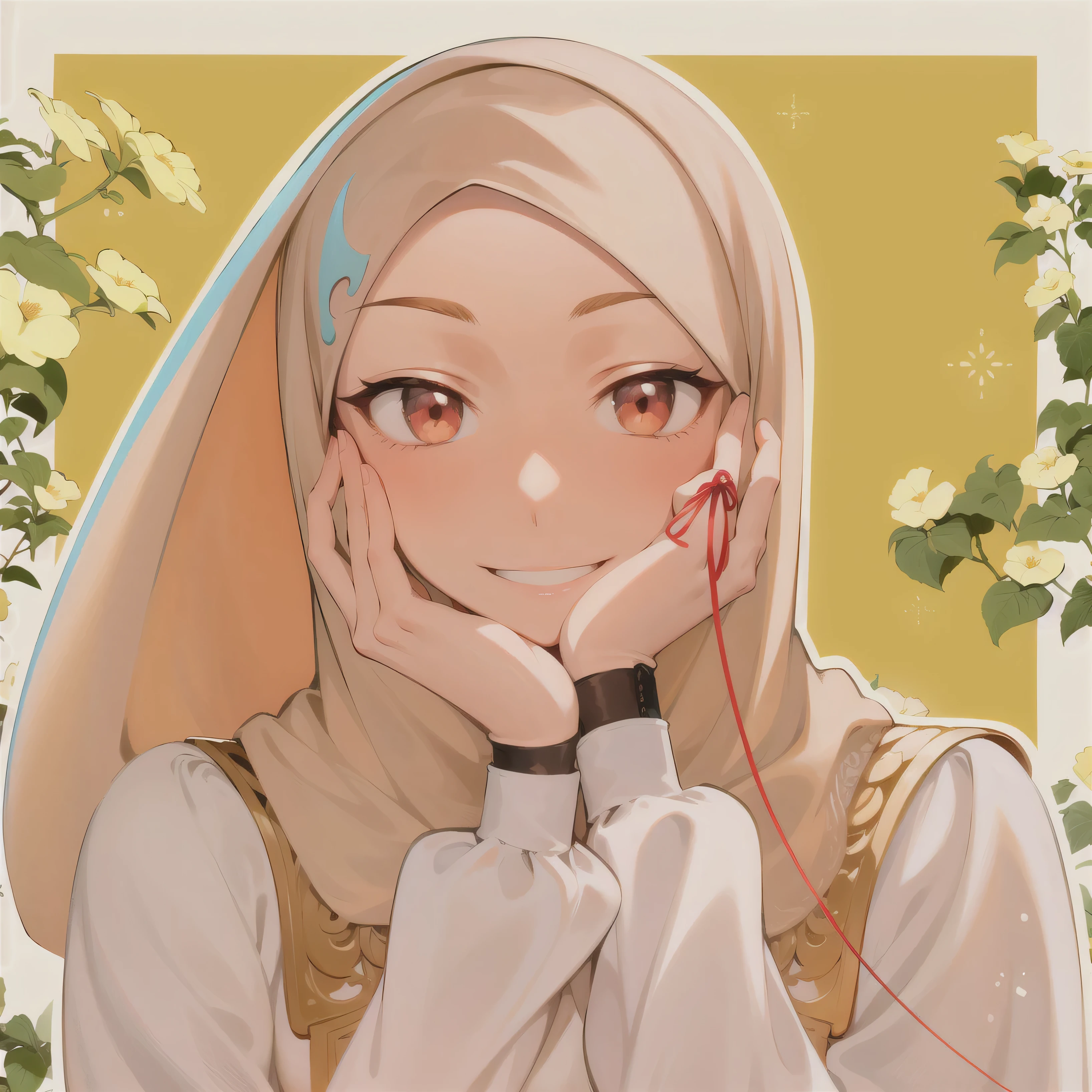 anime - style illustration of a woman with a veil and a red string, warm and gentle smile, serene smile, hijab, in anime style, shy smile, white hijab, in an anime style, slight smile expression, she is smiling, happy expression, high quality fanart, with index finger, smiling sweetly, friedly smile, anime style portrait, gentle smile
