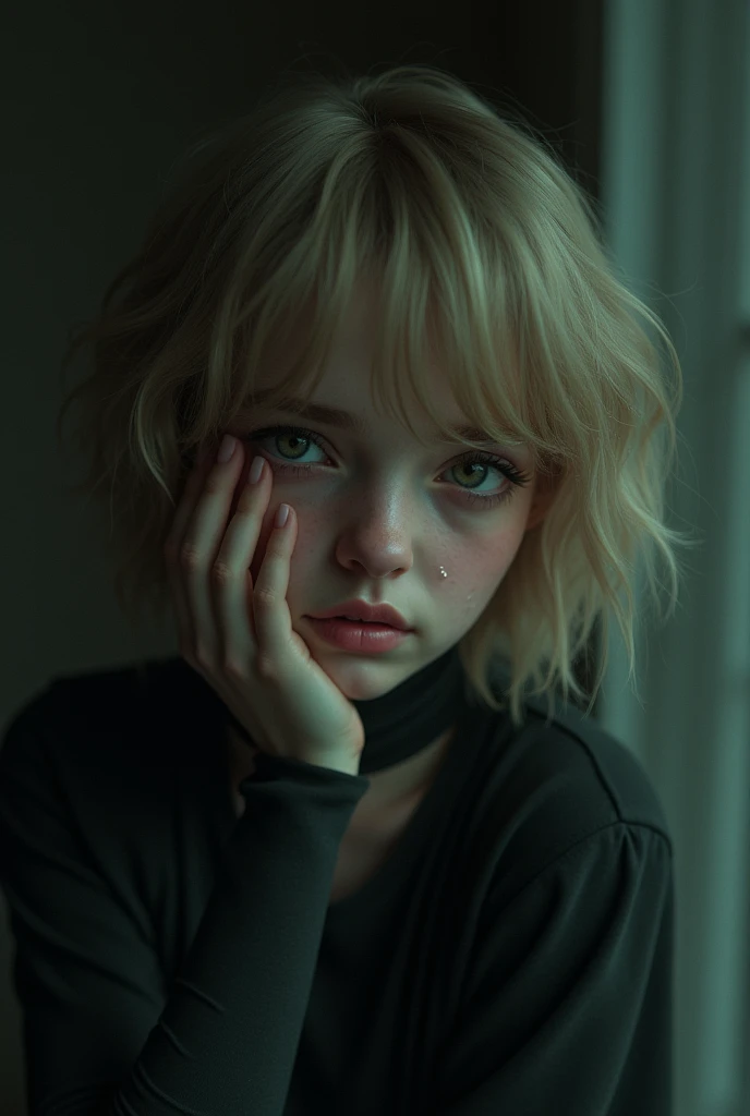 young woman, blonde short wavy hair with bangs, moss green eyes with deep dark circles, crying in the room with a hand on my face, Dark clothes