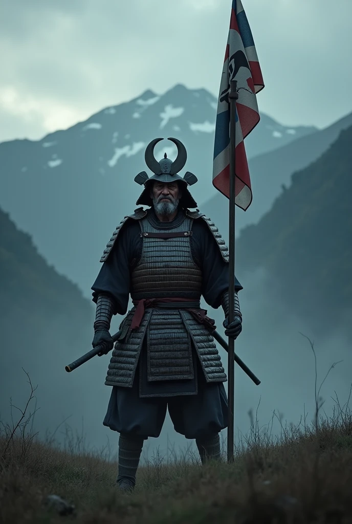 I want to create a scene from a movie. realistic expression. Camera filming behind the main character. An old armored warrior dressed in Japanese armor. He is carrying a vertical flag with his family crest used in the Warring States period in Japan., crossed on the back. The helmet worn by the warrior has a large crescent-shaped horn on the front. The composition of the entire body is made from head to toe. The background is dark because the sun has not yet risen over the misty mountains. Both hands are 45 degrees below horizontal, holding a drawn sword, ready for battle at any time, Left and right toes stepping on the grass, whole body, taken from the back, young guy,