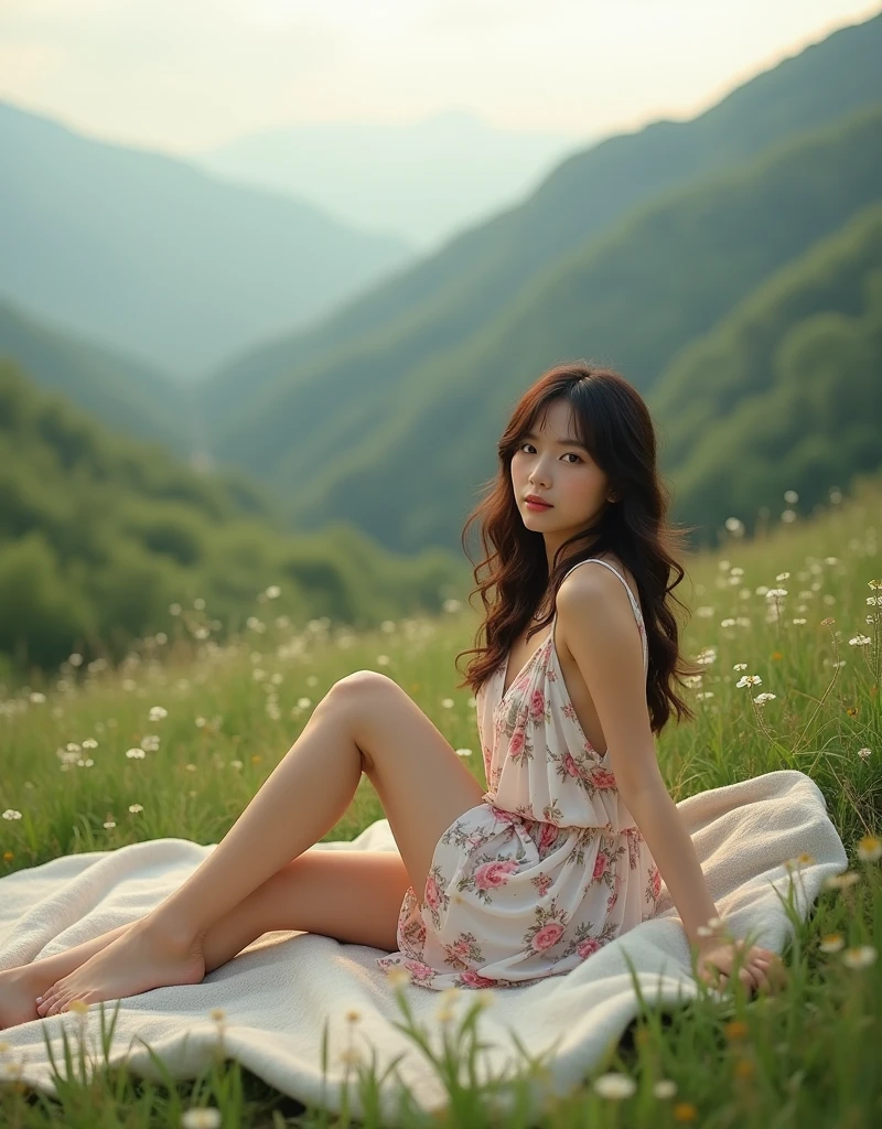 Outfit the model in a short, flowy dress with floral patterns. Pose her lying on a blanket in a picturesque mountain meadow, with one leg extended and the other bent, as she gazes seductively towards the camera. Utilize the soft, natural light of early morning or late afternoon to enhance the serene, romantic vibe.
