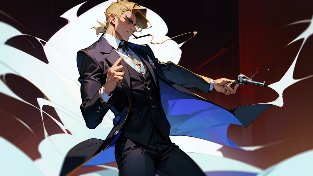 A body builder in formal suit smoking cigaar in dark 