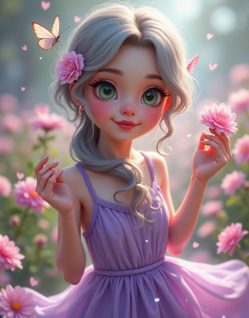(Highest quality:1.2), Beautiful, Cute detail, Realism, 4K, , facial detailing, large green eyes, Plump lips, Upturned nose, Gray hair on pink hair, Wearing a Purple dress, flower 🌸 in his hands,, The girl is Dancing 🎶 ((happy)), Flowers in the background, White butterfly in the foreground, Realistic shooting, depth of fields, Soft front light, Glow, nffsw (PastelColors: 1.2), Canon RF 100mm f2.8L 宏 IS USM