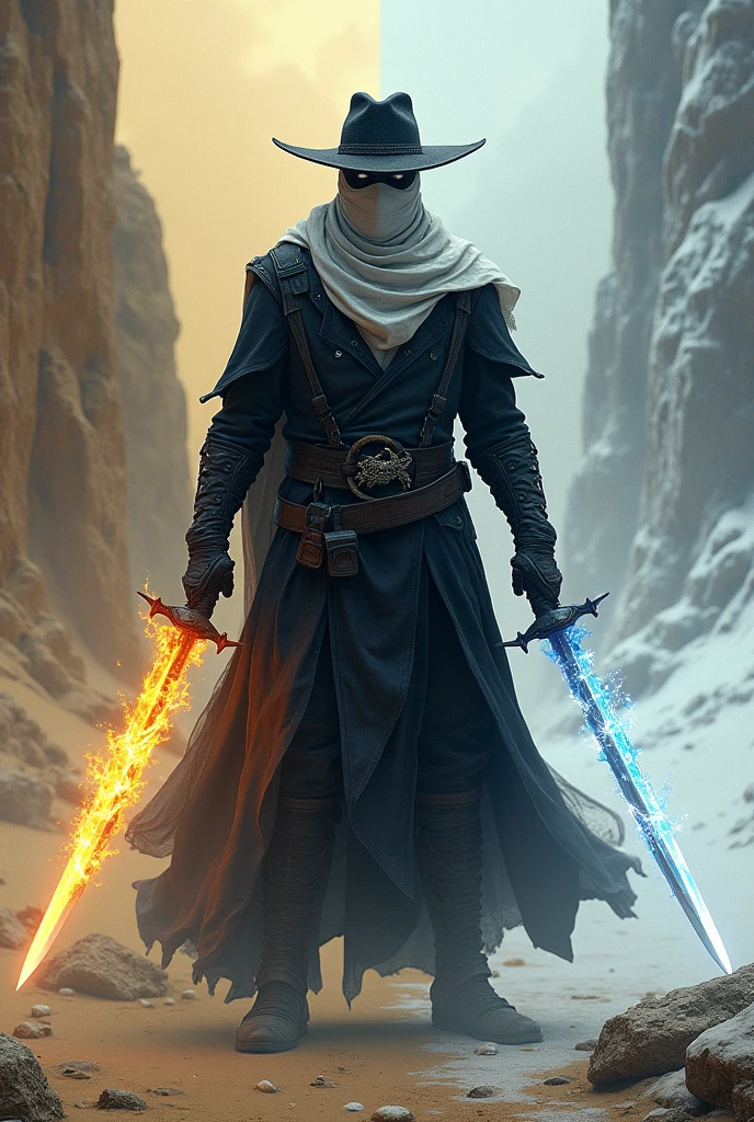 A Hunter in dark clothes (above all) and details with white dragons, a white cloth mask covering half of his face and a black cowboy hat. He holds an ice sword in one hand and a flaming sword in the other and he is between two biomes, a desert of sand and a desert of snow. Their skin is white as snow