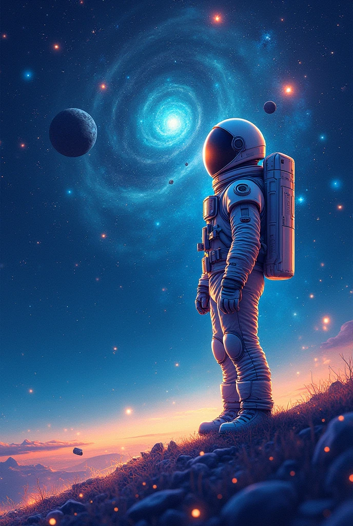Cover for coloring book about outer space , astronaut on the right side of the image, looking left at the stars high resolution full hd effect with mix of orange and blue colors