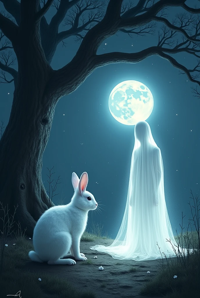 A white rabbit see a white clothes rad face ghost under the tree in the full moon night ai image