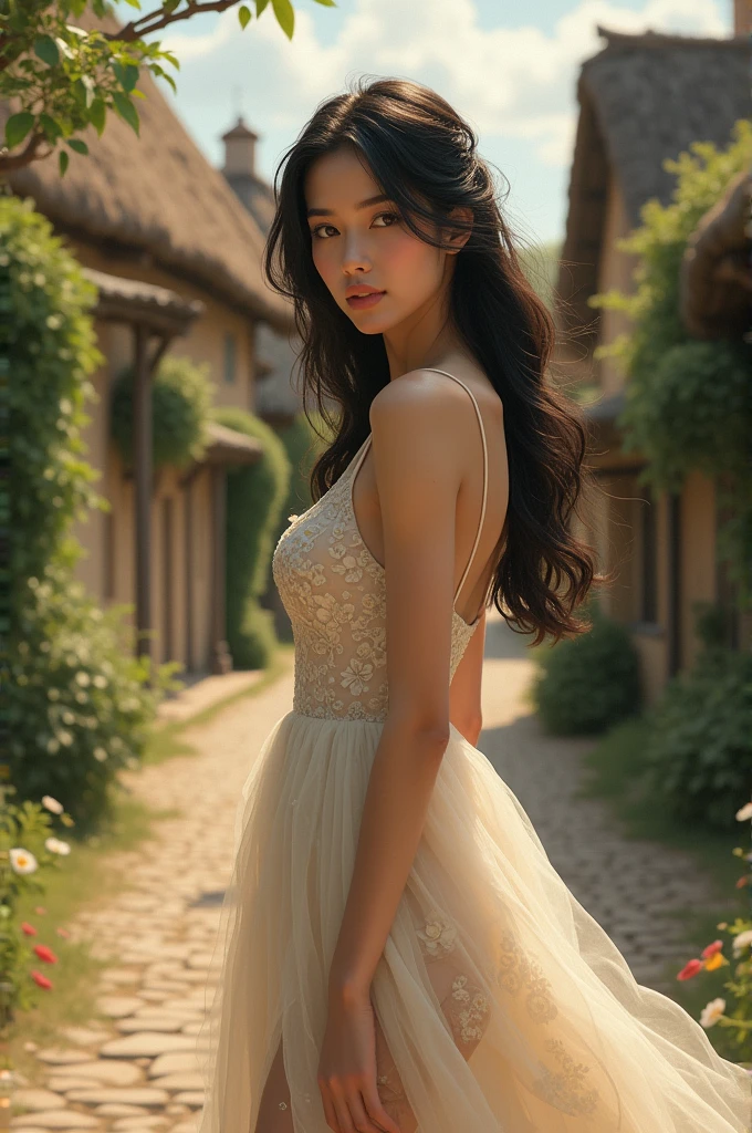 A beautiful woman in village with dress