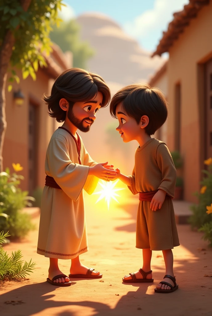 A 3D movie poster in Disney-Pixar style of Jesus as a kid helping his friend that broke his ankle, after praying a very bright light appeared in Jesus' hands while he was grabbing his friend’s broken ankle