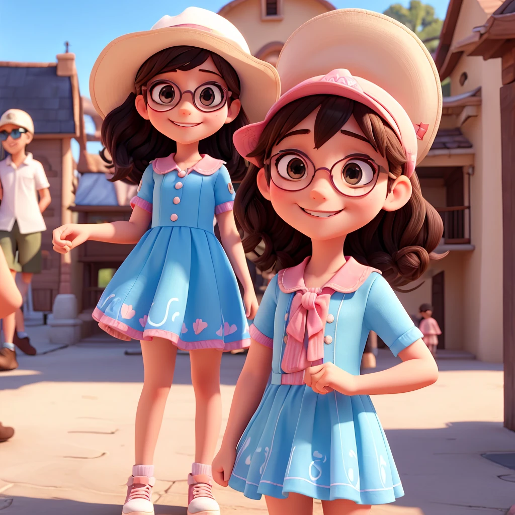 make girl with dress, sunglasses, hat, pointing to the side with both hands, smiling, in disney style 8k ULTRA HD