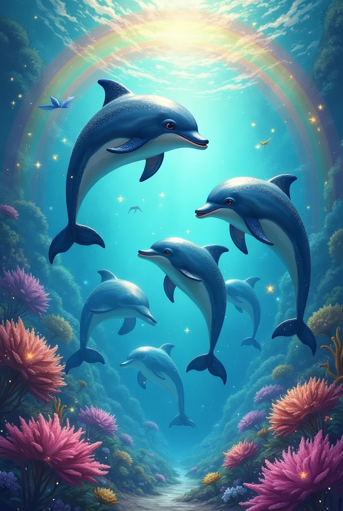 Colorful sea and colorful dolphins happily jumping and swimming with rainbows and sparkles
