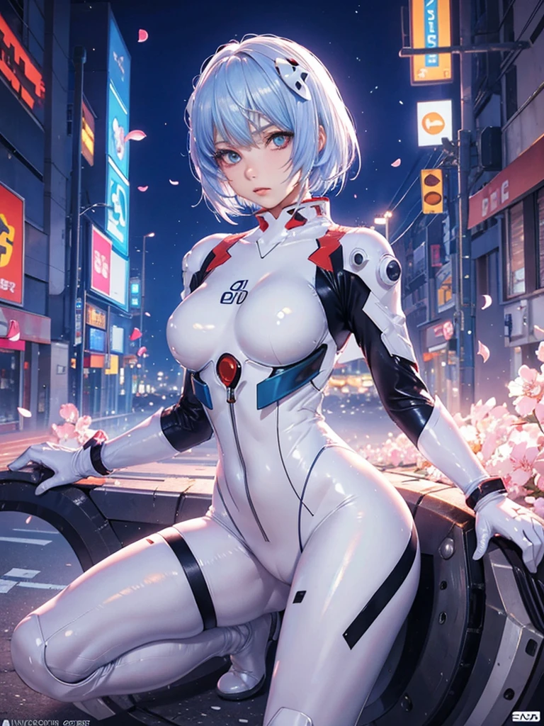 (Realistic, photoRealistic), ayanami_king, One Girl, Blue Shorthair, White hair ornament, ((White bodysuit, gloves)), Saiharu Body), Sit on the ground, (Cowboy Shot),(Tabletop, high quality, 最high quality), (colorful),(Delicate eyes and face), Volumetric Light, Ray Tracing, Highly detailed CG Unity 8k wallpaper,alone((Flying petals)),Outdoor, ((cyber punk)), Cyber City, ((Neon Trim)), night,(Cityscape),frontage,(Spread your legs)