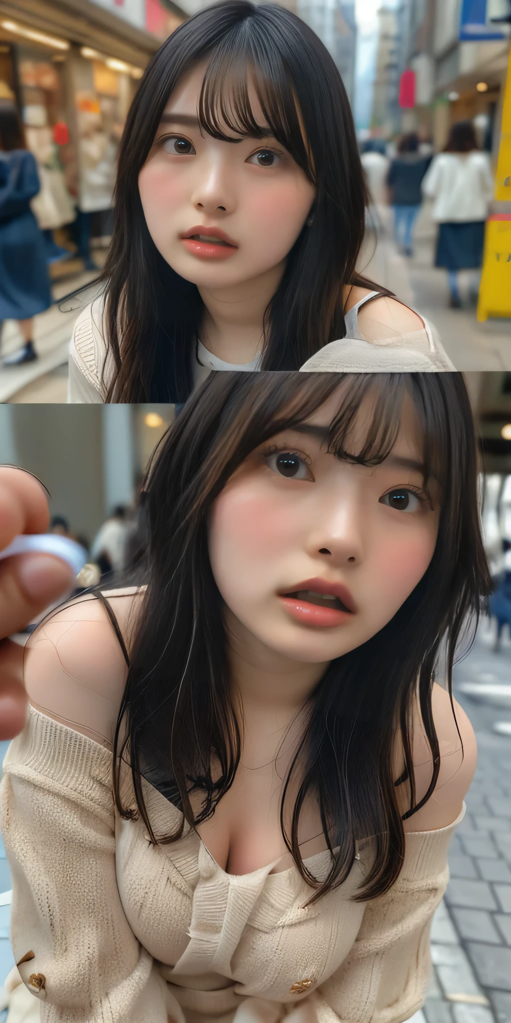 masterpiece, remote_play, remote_shake, Open your mouth, Half open your eyes, Off-the-shoulder tight clothing, Exposed large breasts, Ecstatic expressions in intense porn videos:1.95, Very large breasts bigger than a face:1.45