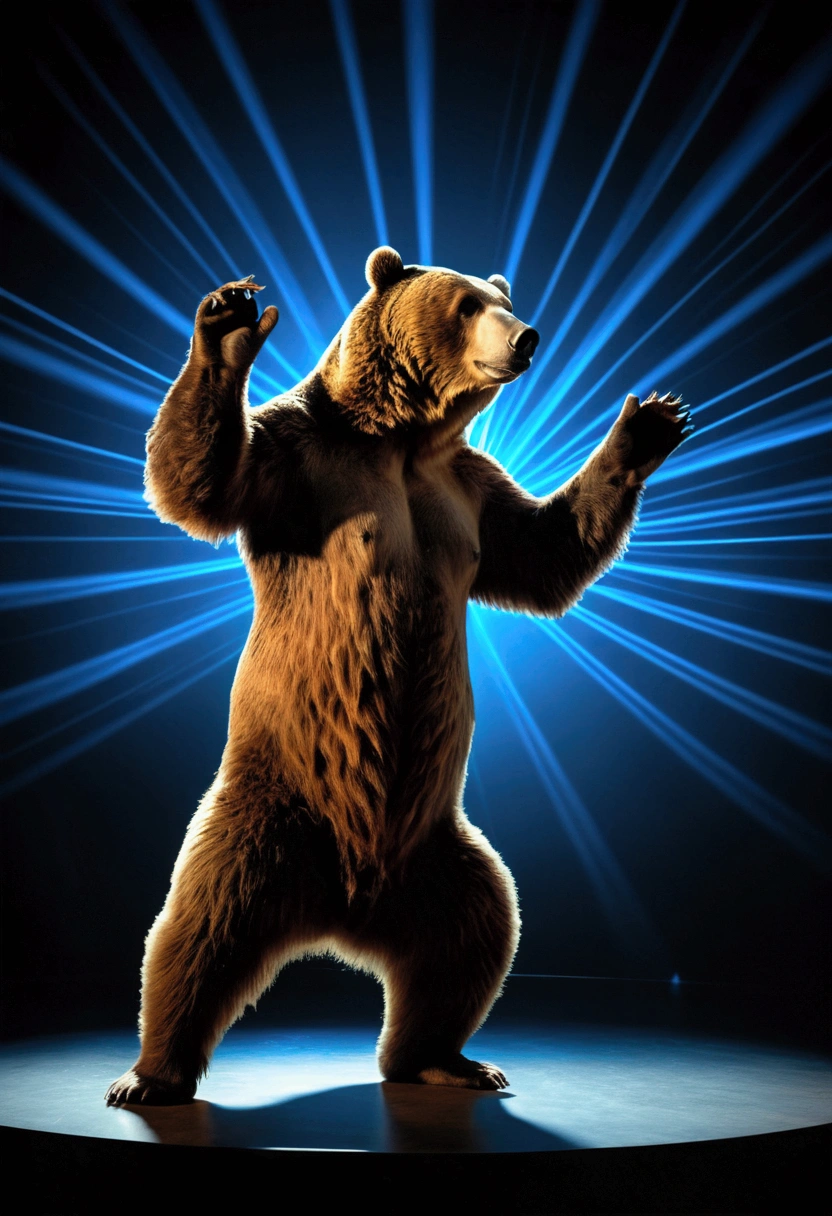 (Brown Bear), dancing in the dark, the silhouette illuminated by blue light, In front there are some lights and lasers, The style of this piece is reminiscent of Totally Dark Background. Beautiful cinematic lighting, surreal, color graded, dynamic movement, captivating chiaroscuro, (special effects:0.1), full body, award-winning, cinematic still, emotional, vignette, dynamic, vivid, (masterpiece, best quality, photorealistic, Professional, perfect composition, very aesthetic, absurdres, ultra-detailed, intricate details:1.3)