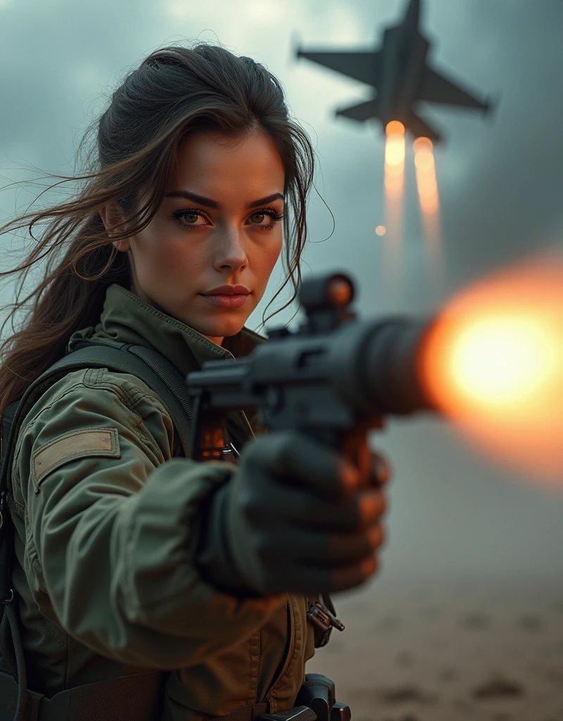 (Photorealism:1.2), beautiful woman, Female soldier firing missile at fighter jet