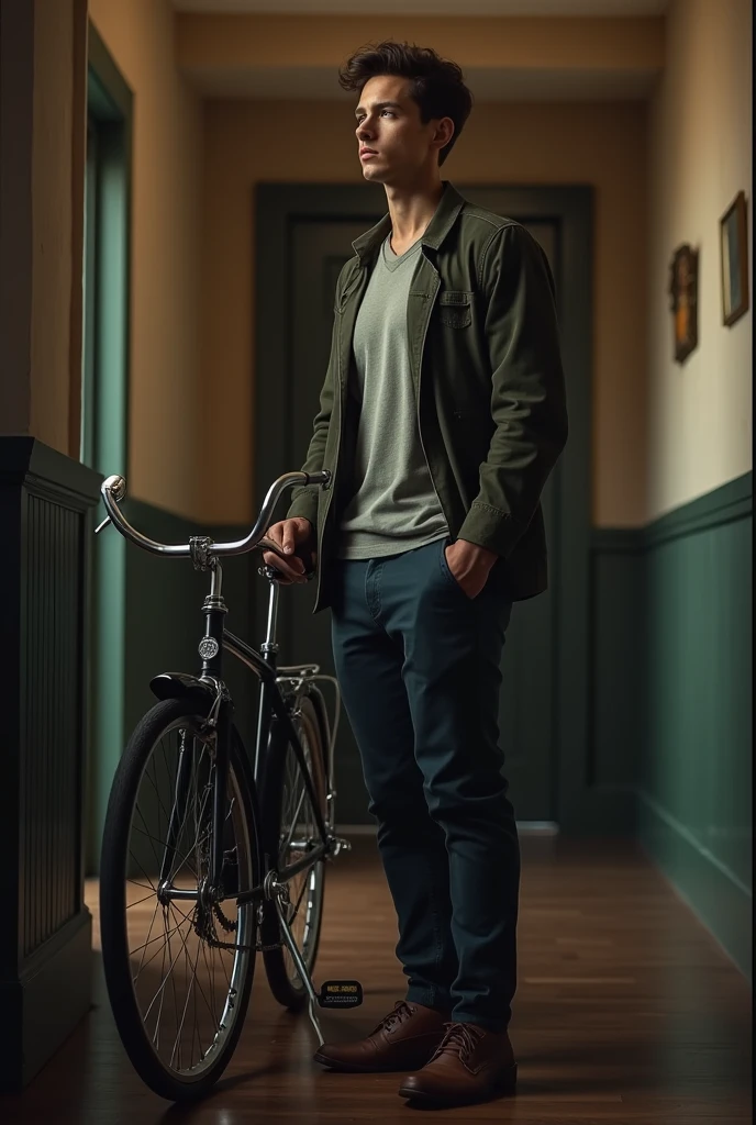 Max standing next to a vintage bicycle in the hallway, looking determined.