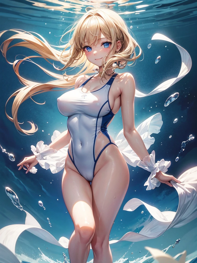 Anime style, super fine illustration, super clear illustration, highly detailed, beautiful detailed, super pale tone image, super delicate illustration, super calm & static image, static representation, gentle expression, 8k, pretty 1girl with blonde straight short hair & blue eyes & a bright smile & Big breasts & nipples & soft fair skin is wearing the competitive swimsuit in the swimming pool, happy stories, solo, perfect fingers, no more fingers, no less fingers, perfect arms, no more arms, no less arms, perfect legs, no more legs, no less legs, no more hair, no more clothes, masterpiece,