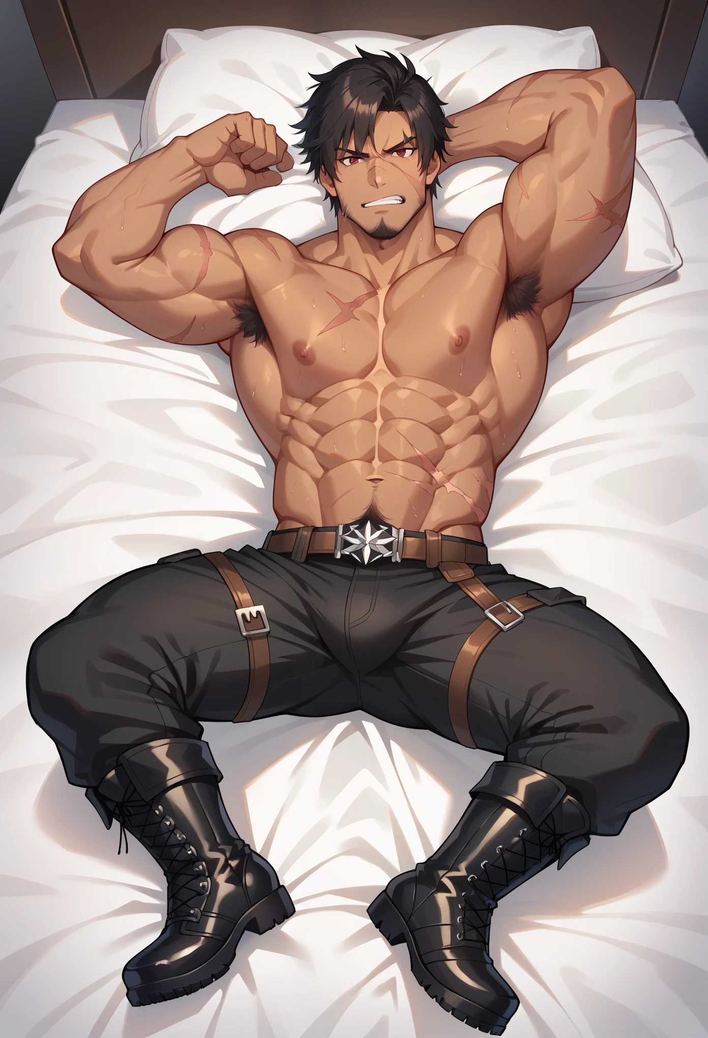 score_9, score_8_up, score_7_up, Expressiveh, masterpiece, extremely detailed, highres, detailed beautiful face and eyes, best quality, best aesthetics, absurdres, perfect anatomy, perfect proportions, high resolution, good colors, bright skin, good shading, countershading, well detailed background, handsome man, male focus, red eyes, scar on his eyes, short hair, beard, full body, angry face, veins muscular, sweaty skin, sweat on skin, full body, body hair, topless, nipples, shaded, sexy, tan skin, attractive, lay down, ((top view)), Muscular, black combat boots, looking at viewer, show his armpits, on the big bed.
