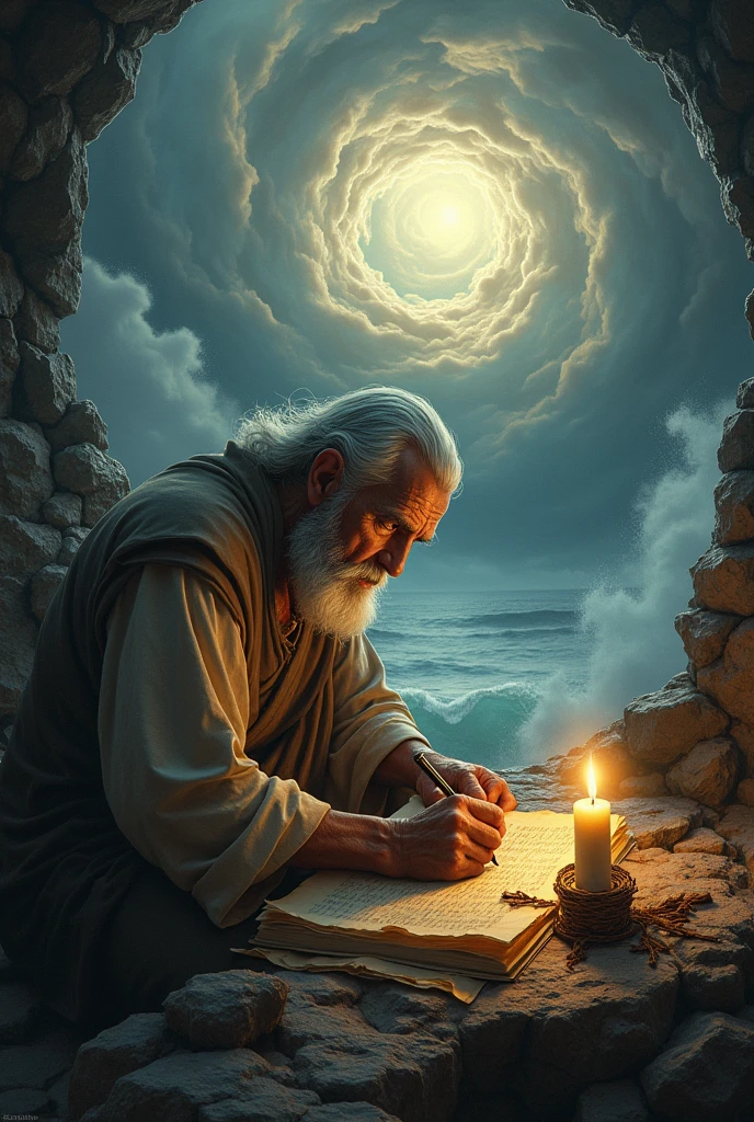 Create a poster for a series about the biblical Apocalypse that shows the apostle John, already old, writing on the island of Patmos and having visions of the Apocalypse with the 7 bowls., the 7 trumpets, the 7 seals and other details mentioned. do it in detail, well developed and realistic and with an air of mystery and enigma