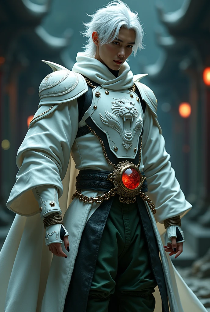 Male age 35, asian, white hair visual kei, wisdom sight, white plate armor, armor plate white tiger, a belt with red ying yang crystal, dark green leather matrix gabardine, dark green cargo, chains around the belt, leather boots with chain pins, cyberpunk japanese style, athletic strongest, magic powers, action, black cat nails, crazy pose, dark night backgroud
