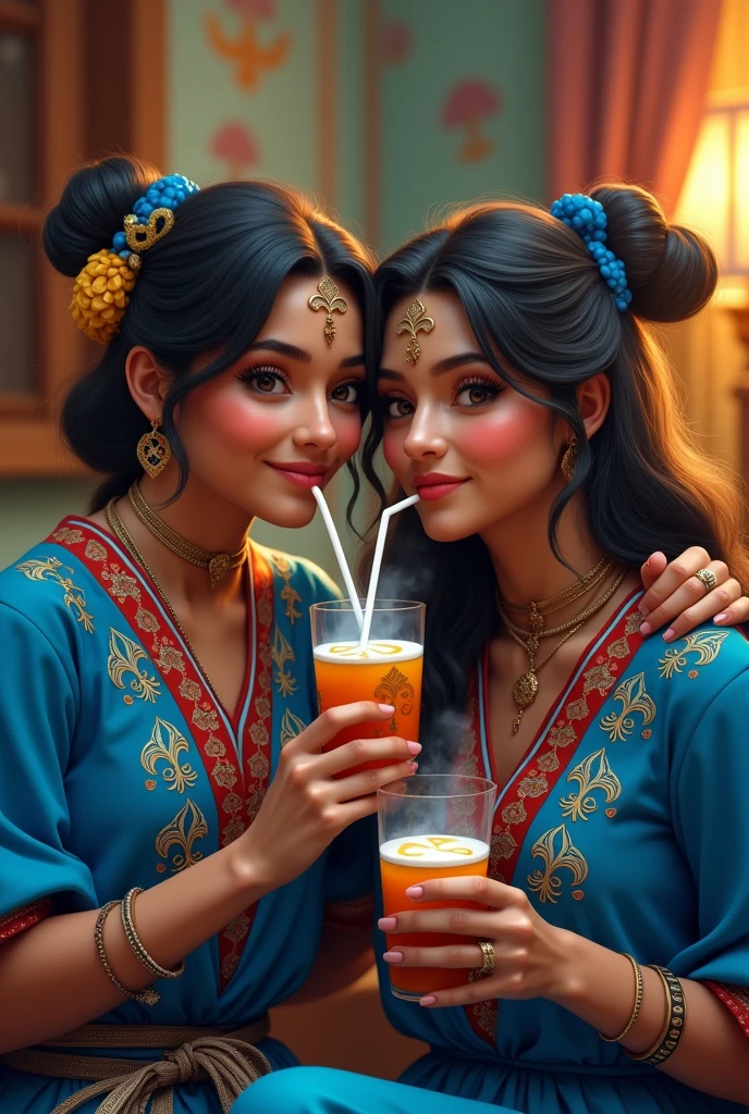 Two friends drinking mate dressed in blue with fleur-de-lis decorations