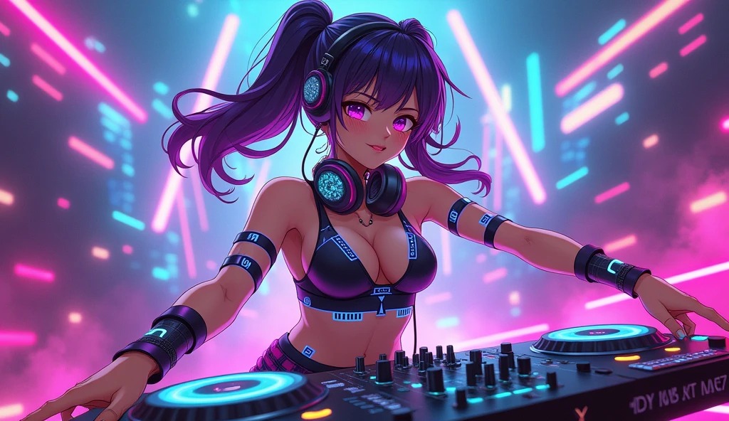 Create an anime-style female character with a vibrant and energetic EDM theme. She should have a dynamic pose that conveys movement and excitement, with neon-colored hair and futuristic clothing. Her outfit could feature elements like glowing LED patterns, holographic details, and sleek, modern design. Add accessories like headphones, neon bracelets, and a stylish DJ controller. The background should be a lively dance floor with bright, pulsating lights and abstract EDM-inspired visuals. The overall mood should be electrifying and full of energy, capturing the essence of an EDM rave