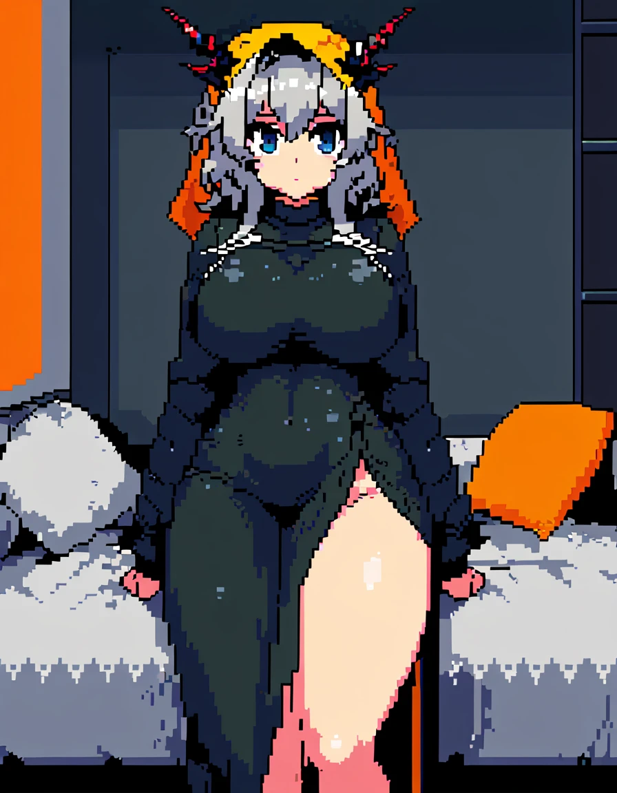 Talulah(Arknights),grey hair,dragon horn,curvy body,fit figure, oversized hijab,wearing oversized clothes(Muslim attire),bedroom,legs spread,arms behind head,body writing(lewd), night setting, blackout hour,close view,very nsfw, uncensored,((pixel art style)),