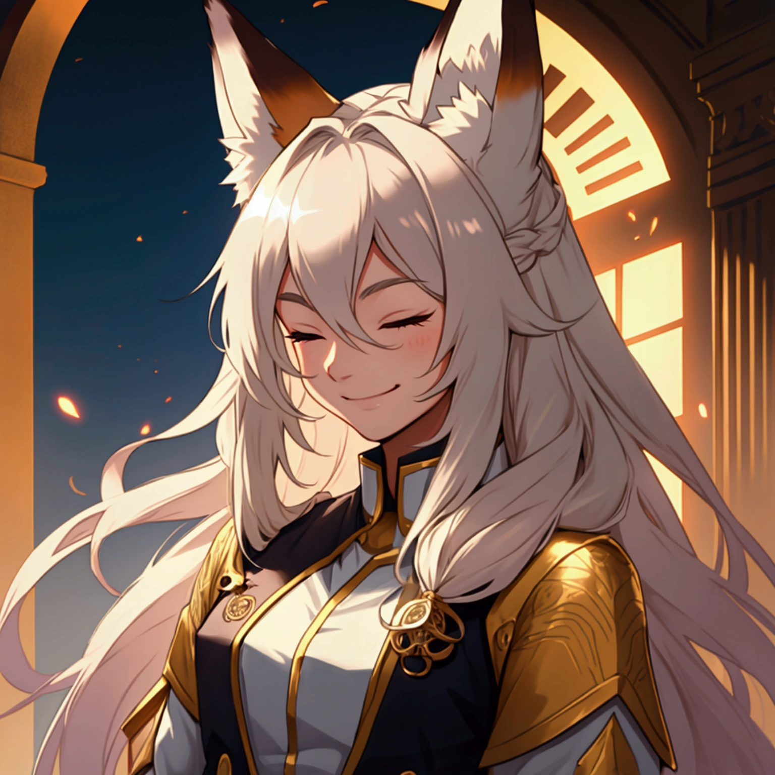 a man with long hair and fox ears.  smile.  eyes are always closed