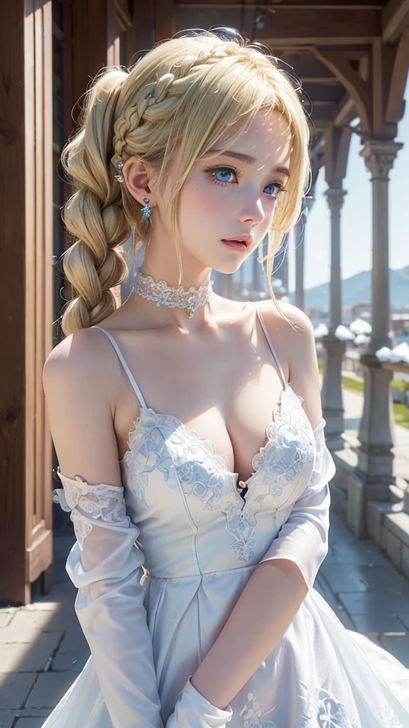 ((Highest quality)), ((masterpiece)), (High-definition photos), (young cute girl:1.4), (french braid), (half up), ((Blonde)), (bangs), gal, long, Light eyeshadow, (earrings), choker, (pointy breasts:1.3), covered nipples, white dress, (snowy white skin), (Blushed:1.3), upper body, from side, ((Embarrassing)), Half-open mouth, Shiny skin、elbow gloves, wetty lips, Thin eyebrows、(Blue eyes:1.1), Reincarnation in Another World,
