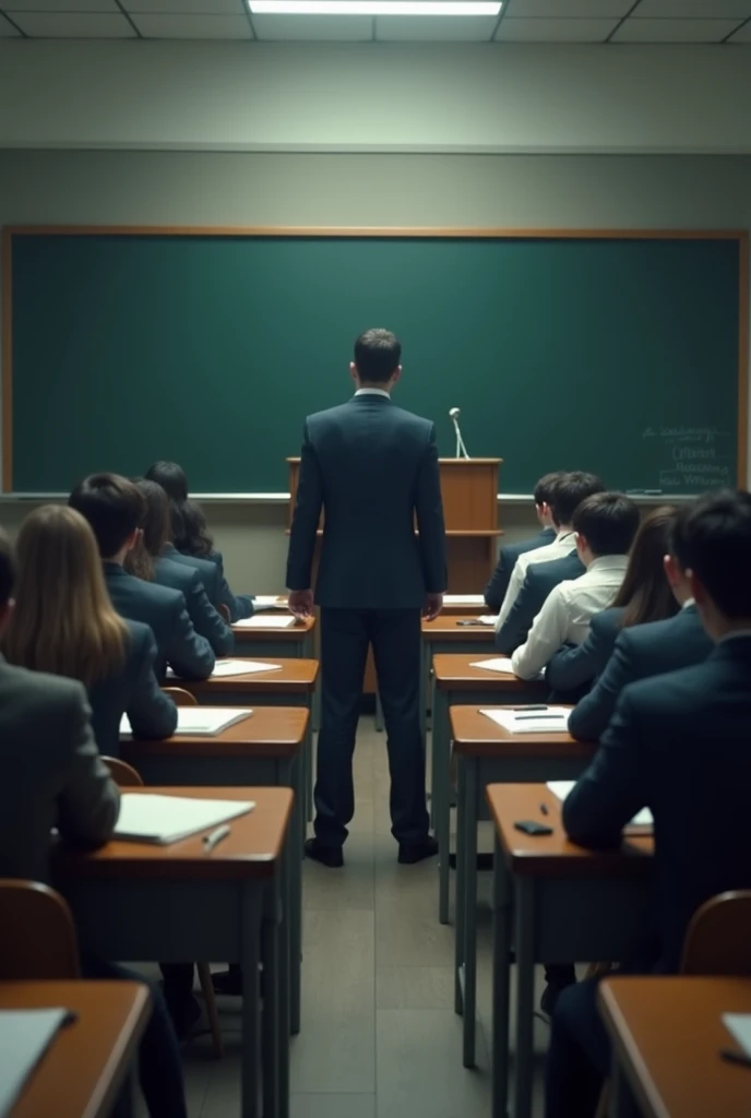 In the style of real movies,Exam in the classroom,Students sit at desks with their backs to the camera and answer questions seriously,Podium,blackboard,The invigilator has his back to the camera