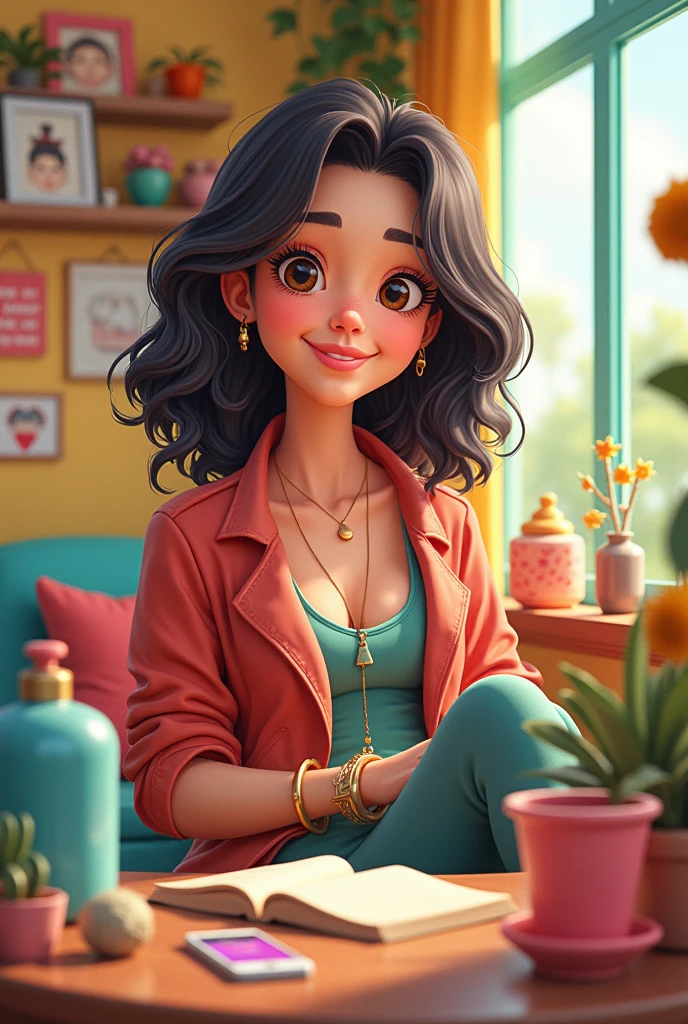 A cartoonist AI image of a woman in this style 'in which happiness ' with her room background