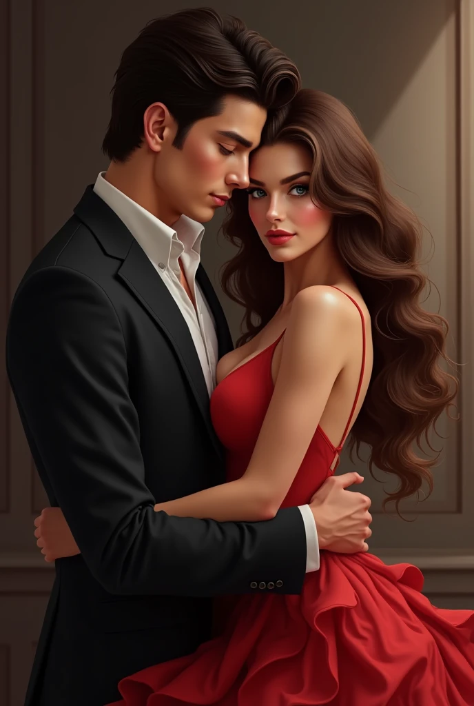 Beautiful woman with light to dark brown hair and blue eyes, fair skin tone. Handsome man with black hair and honey brown eyes, fair and clean skin. the man is wearing black suit and the woman is wearing red dress. the poss should be sensual.