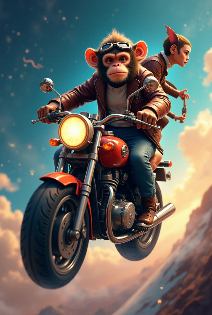 Monkey rides a motorcycle in space with Lebon Jem sitting on the back with Sutbas down and Huang then lights up.