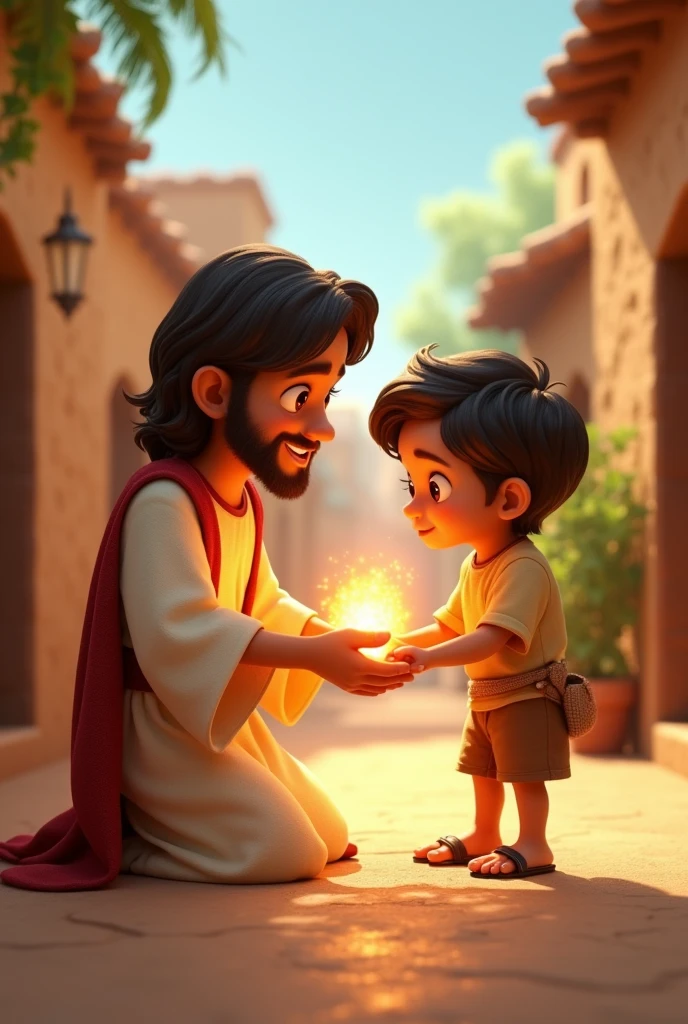 A 3D movie poster in Disney-Pixar style of Jesus as a kid helping his friend that broke his ankle, after praying a very bright light appeared in Jesus' hands while he was grabbing his friend’s broken ankle