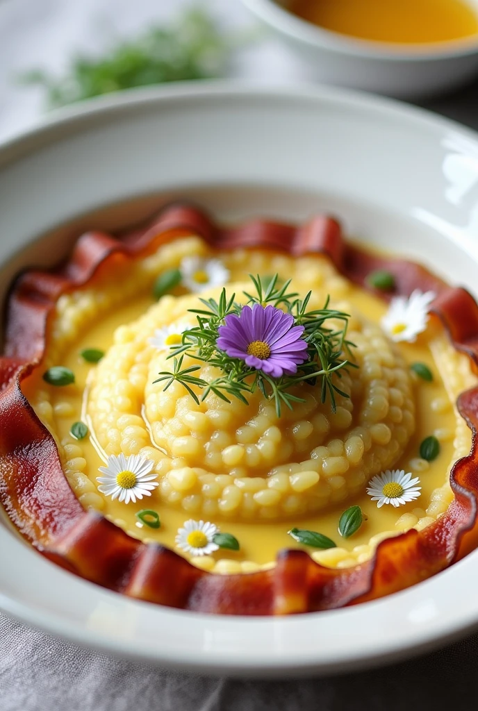 Treatment with an open white dish. Inside it will be a creamy Sicilian lemon risotto. On the edges of the risotto, Crispy chopped bacon around the risotto. And on top as decoration alfalfa sprouts, 1 white daisy and 1 flower "perfect love" purple medium 