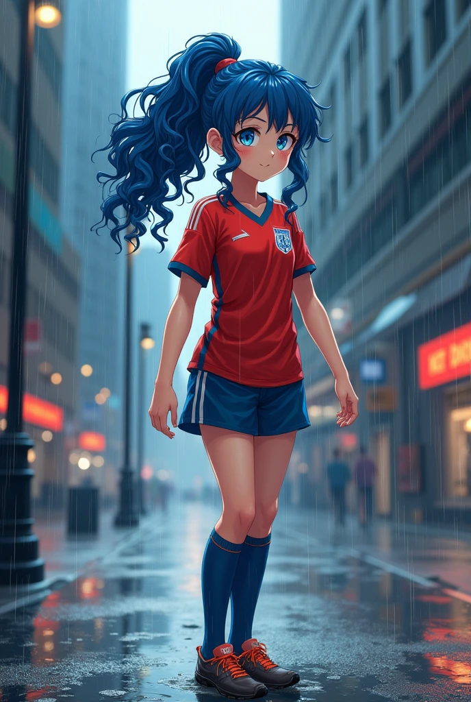  anime girl with curly hair. Blue eyes, long ponytail, soccer jersey, wet from the rain, standing on the sidewalk of a main street in the rain 