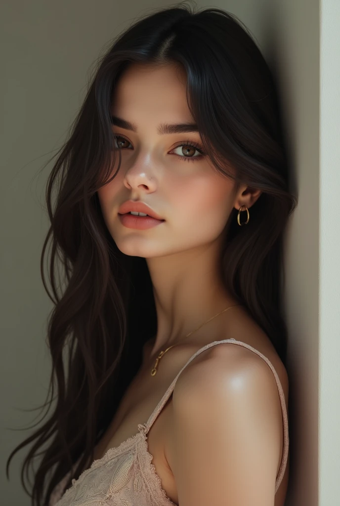 Brunette woman with long straight hair, height 1.50