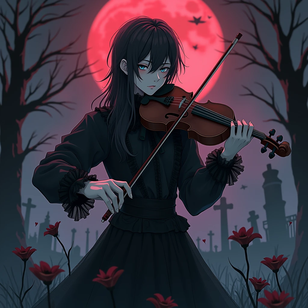 ((Anime boy)(( 1 male with long black hair and teal eyes, dressed in frilly gothic black clothes. His skin is white and pale like a vampire. Playing violin in the graveyard. (((Gloomy)) ((smoky)) ((dark)) ((black and purple)) (((scary))) ((horror))) mysterious) (((masterpiece)) ((perfectly detailed) (((anime style))) ((Halloween)) ((scary))) ((smoke fills the room) ((looking down))) ((up angle) ((corpses and dead souls are dancing around him) (((up angle)))) gloomy atmosphere. Sleepy eyes)) tired expression))) ((((dark)))) no hope left. No faith left. ((Red moon)) ((no light)) ((red and black shading)) ((ghosts) ((death lilys) (((death))) ((death lilys on him)) ((death lilys wrapped around him))) (((sexy))) ((delicate facial features))))) (((hot))