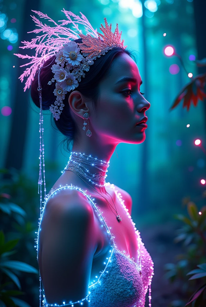 portrait | wide angle shot of eyes off to one side of frame, lucid dream-like naked woman, looking off in distance ::8 style | daydreampunk with glowing skin and eyes, styled in headdress, beautiful, she is dripping in neon lights, very colorful blue, green, purple, bioluminescent, glowing ::8 background | forest, vivid neon wonderland, particles, blue, green, purple ::7 parameters | rule of thirds, golden ratio, assymetric composition, hyper- maximalist, octane render, photorealism, cinematic realism, unreal engine, 8k ::7 --ar 16:9 --s 1000