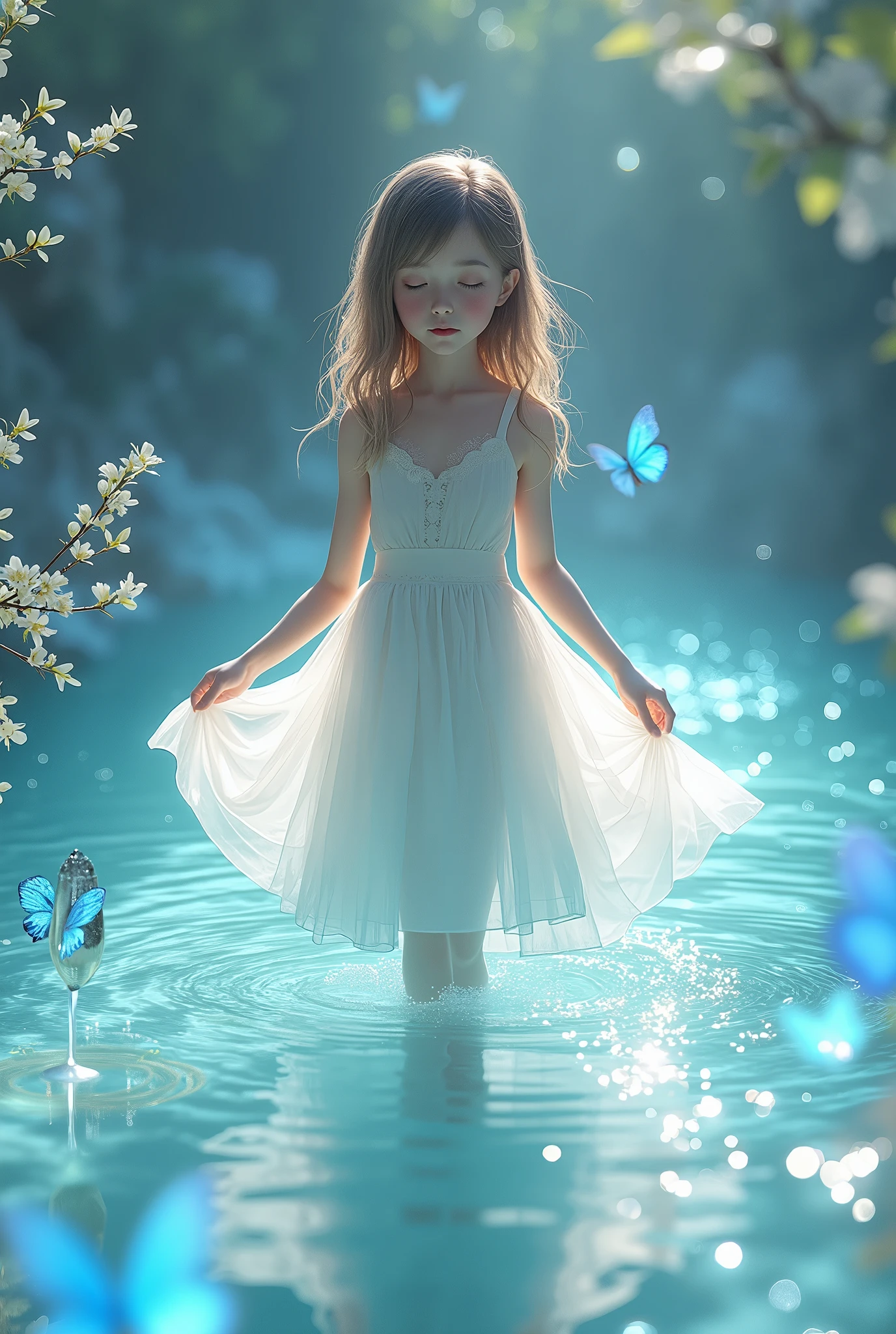 1 girl, transparent water, blue butterfly, saia de gaze pure branch, sparkling wine