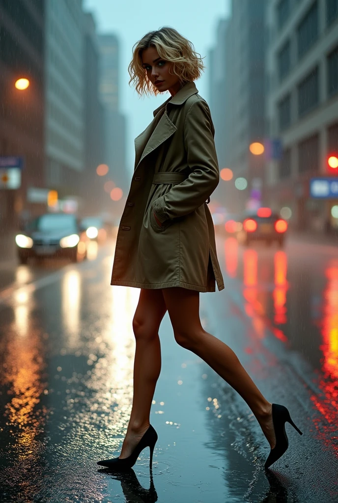 beautiful woman, blonde girl with short wavy hair and medium breasts,Under torrential rain in the middle of the city, A young blonde with short, wavy hair crosses the street with determination, Captured in a dynamic half-side pose. She wears a short trench coat that hugs her figure., revealing her long, slender legs. Every step echoes in the puddles that form on the asphalt., as her black high heels hit the floor with a determined rhythm.
The trench coat, Soaked in the rain, sticks to your body, subtly highlighting her toned silhouette. The wind and water play with the folds of the fabric, giving it movement as she moves forward. her blonde hair, wet and stuck to his face, frames his green eyes that look forward with a mixture of concentration and urgency.
The scene captures the moment when the young woman takes a long, elegant stride., slightly lifting one leg as her heel finds the wet pavement. The shine of the water reflects the light from the headlights of cars and the neon lights of the city., creating sparkles that highlight your legs and the contours of your heels.
The urban background, with diffuse lights and streets full of puddles, adds a touch of drama to the image. The contrast between the harshness of the rain and the softness of her movements underlines the strength and grace with which she faces bad weather..