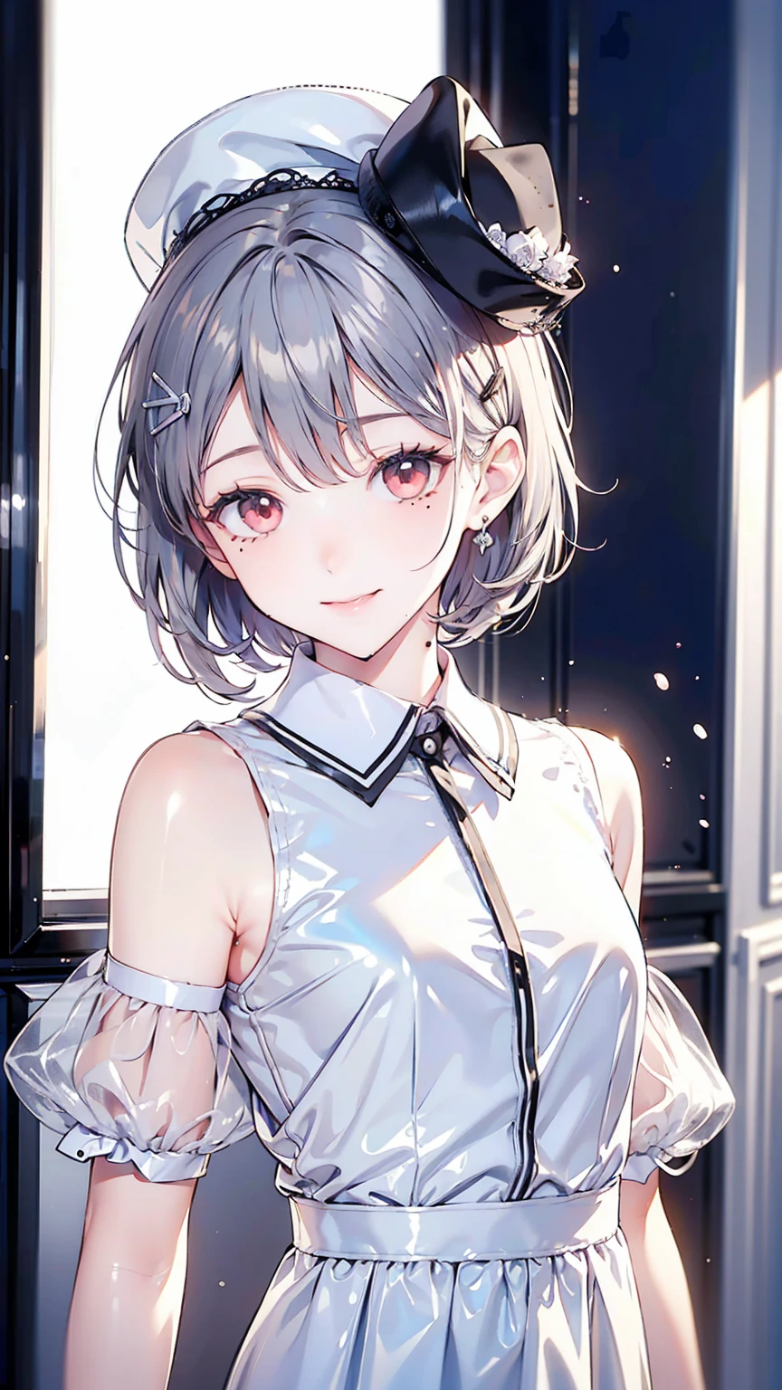 room,Idol Cross,masterpiece,Highest quality,Gray Hair, Red eyes,White shirt,(black formal hat),(Hair Clip:1.3),(A mole with a small mouth:1.3),smile,High resolution,4K,Black sleeves, Upper Body,