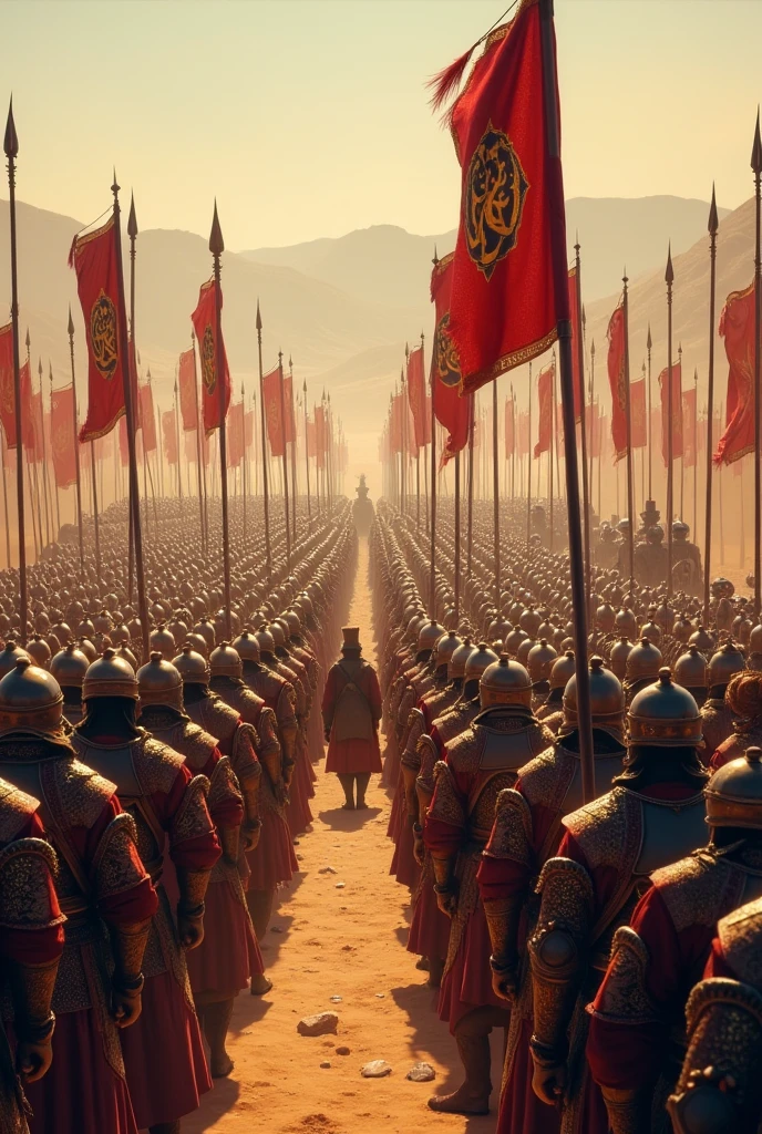 Mughal Army Preparing for Battle: The vast Mughal army, led by generals, preparing for the battle of Haldighati. The scene shows soldiers in Mughal armor with spears, swords, and shields, banners waving in the wind, and the desert landscape in the background.
2