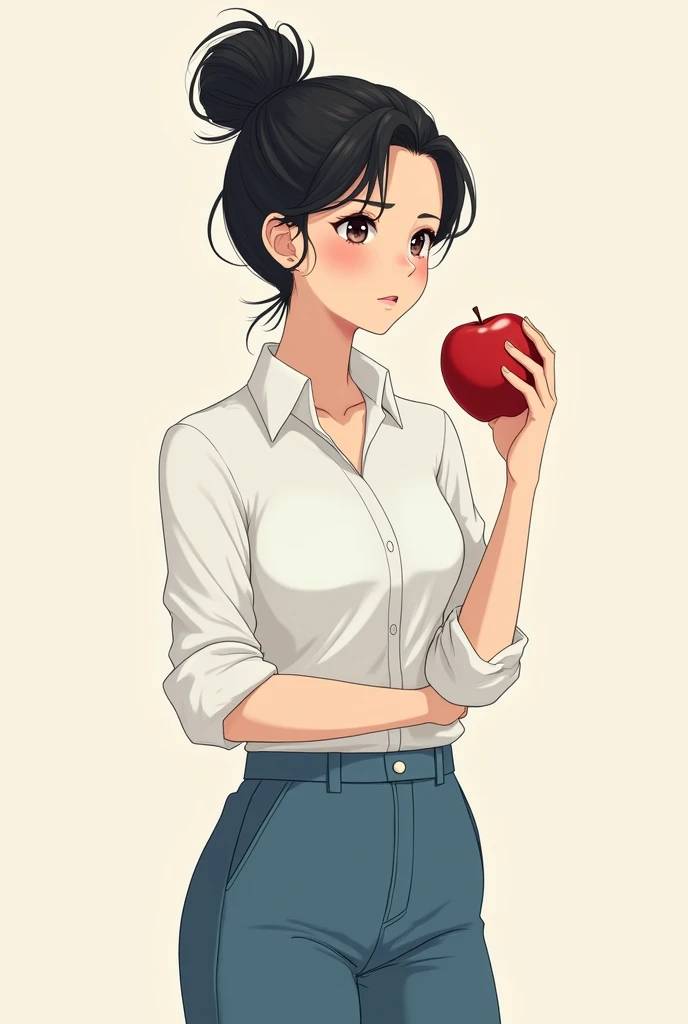 A female character with a large bun in her hair, wearing a white shirt with rolled up sleeves and blue pants. The character is holding an apple in one hand.