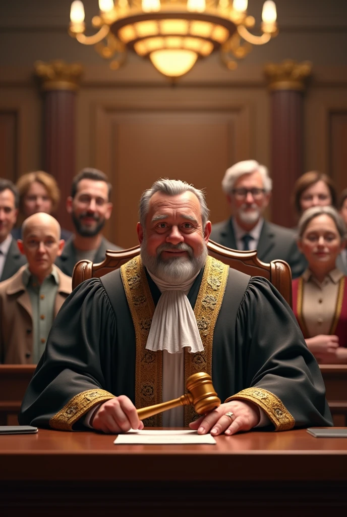 icon: A courtroom with a judge holding a gavel, and people of different ages (from a  to an older adult) In the background, symbolizing the legal and social decisions related to the recognition of the person. cheered up