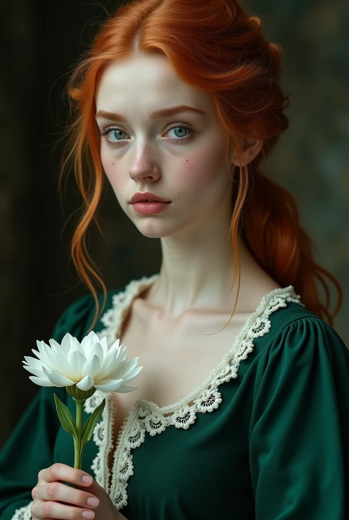 A viking Ginger girl, Dark green medieval dress with white details, looking like a movie scene, She holds a white flower in her hands, looking forward with teary eyes, snow-white skin, closeup