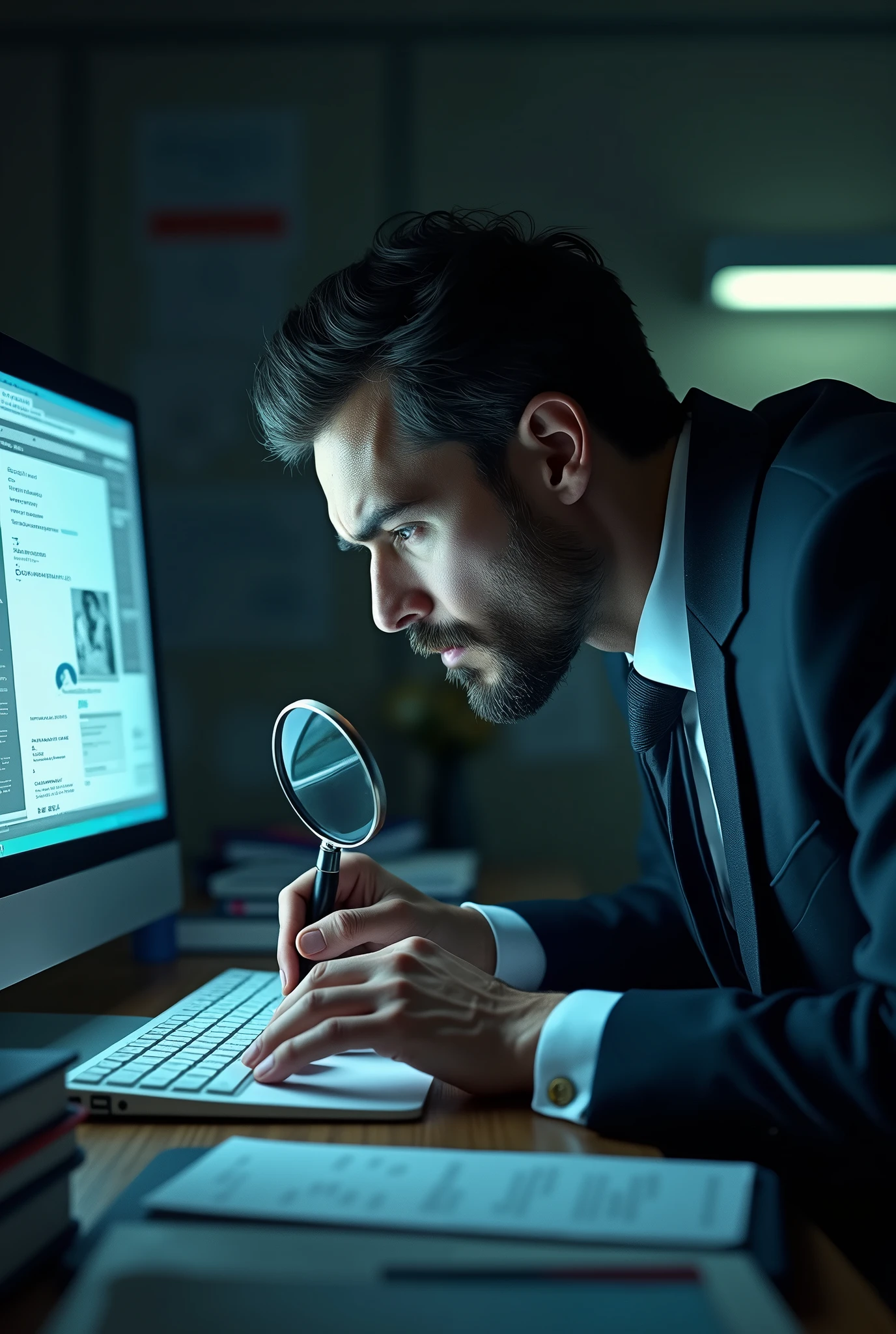 A detective examining digital documents with a magnifying glass.